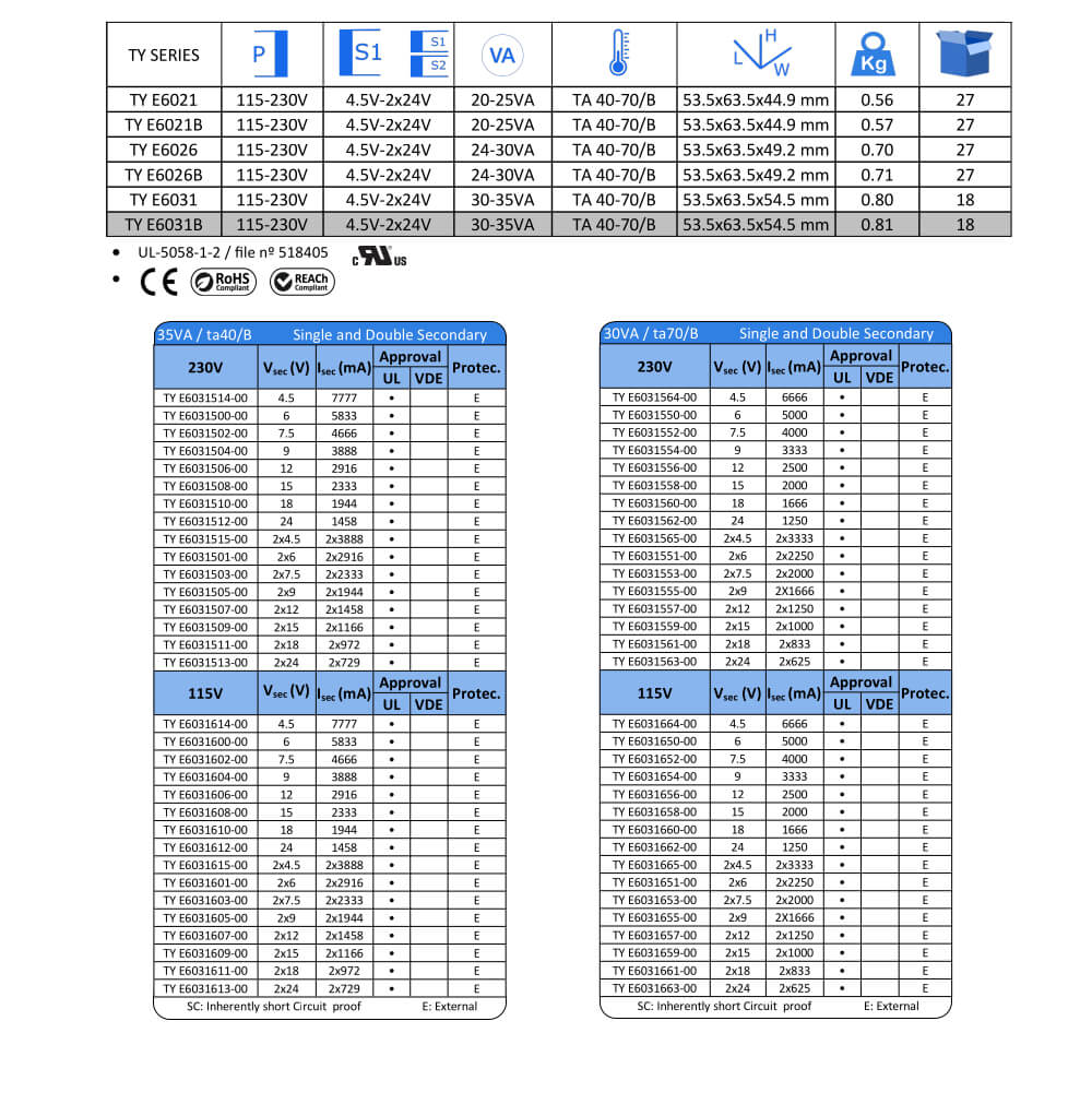 Tiyan trasformatori incapsulati - TY E6031B